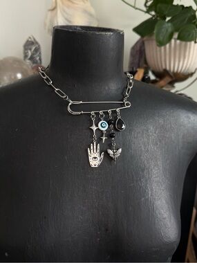 Silver Safety-Pin protection Charm Necklace pendant pin brooch witchy style